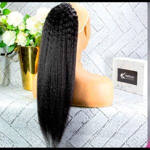 Natural Black Kinky Straight Human Hair Drawstring Ponytail (16 inch)